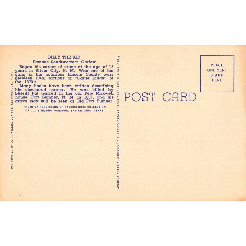 Vintage Billy the Kid William H Bonney Linen Postcard CT Art-Colortone 5A-H1454 - Picture 2 of 2